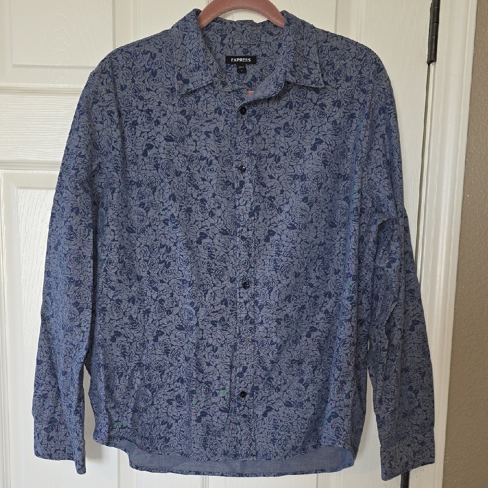 Express Blue Floral Long Sleeve Shirt